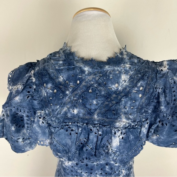 LoveShackFancy Fritzi Ruffle Eyelet Lace Mini Dress Midnight Tie Dye Blue Size 4 - Picture 7 of 9